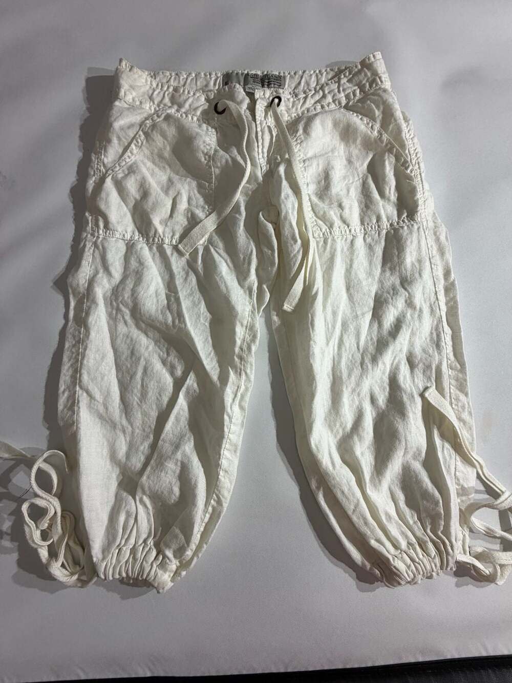 Guess Jeans White Linen Drawstring Capri Cropped Pants Womens M Y2K